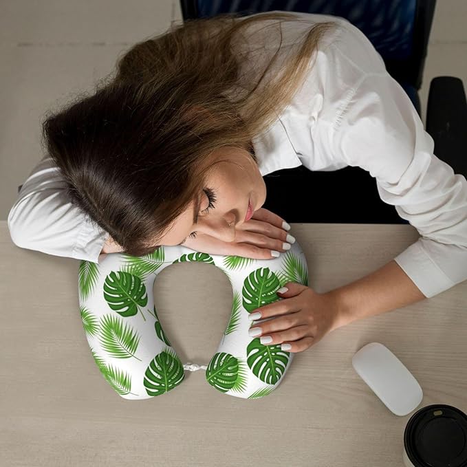Neck Pillow Memory Foam Chin Cushion with Breathable Cover Tropical Leaf Green Banana Palm Leaves, Cute Airplane Car Pillows for Office Head Pain Relief