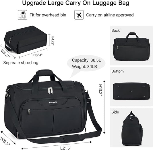 Hanke Carry On luggage Bags for Travel, Large Foldable Duffle Bag for Travel, Softside Lightweight Travel Bag Carry On Bags for Airplanes Women, Travel Tote Bags for Women Men.(Black)