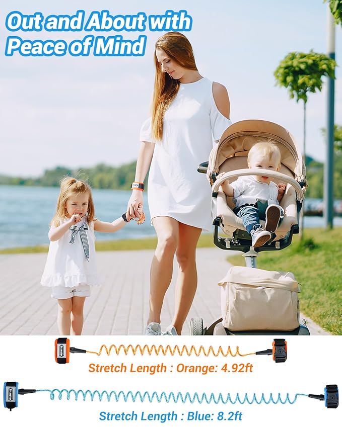 Dr.meter Toddler Leash, 2 Pack Safety Anti Lost Wrist Link with Key Lock, Reflective Child Walking Harness, 8.2ft Blue + 4.92ft Orange Kids Leash for Supermarket Mall Airport Amusement Park Zoo Travel