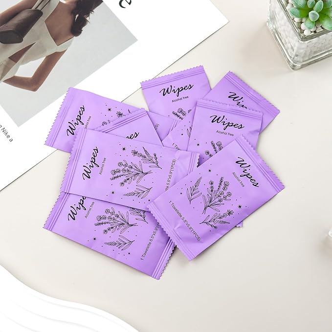 Individual Hand Wipes Wet Wipes Travel Size,Wet Wipes Individually Wrapped Bulk Cleansing Travel Size Wipes for Wedding Travel Restaurant Barbecue (1 Count (Pack of 60), Lavender)