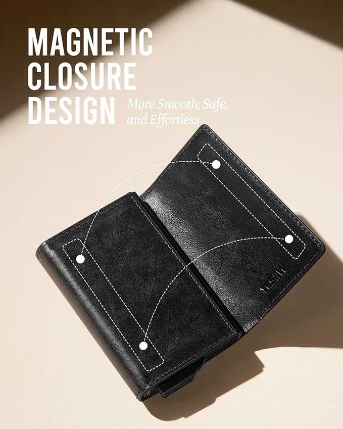 YESIIW Slim wallet for Men - Premium Genuine Leather Wallet - Pop up Smart Mens Wallet Card Holder for 7-9 Card Capacity | 1 ID Window | Cash Slot - Thin, Minimalist, Trifold, RFID Blocking (Black)