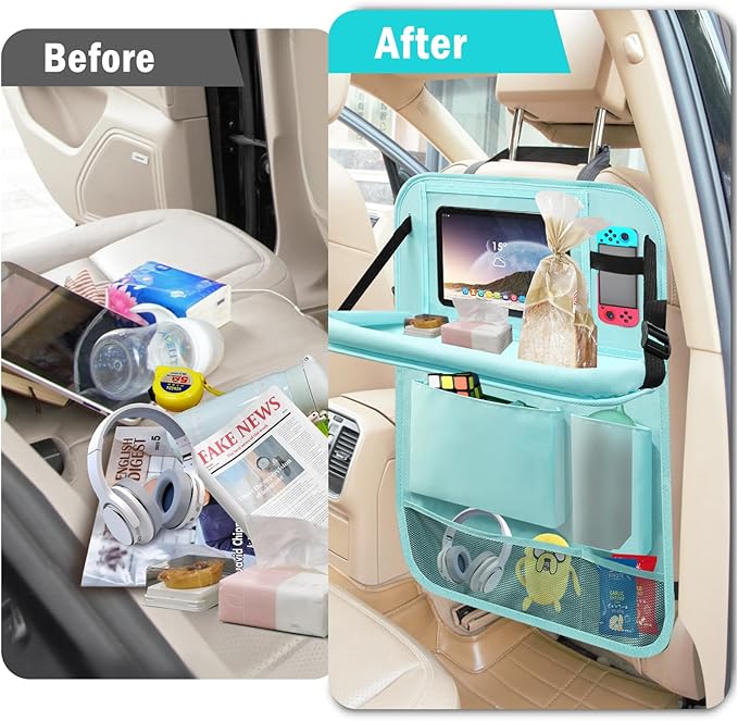 2Pack Car Backseat Organizer with Foldable Table Tray,6 Storage Pockets Car Storage Organizer with Tablet Holder,Car Seat Back Protectors Kick Mats Travel Accessories Blue