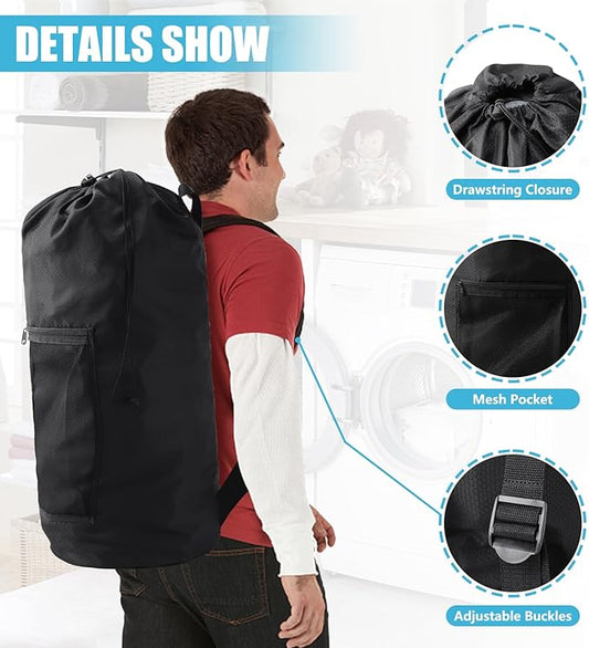 Laundry Bag Backpack,Olosar 2PCS Extra Large Travel Laundry Bag with Mesh Pocket & Adjustable Shoulder Straps,Dirty Clothes Travel Bag for College Students Dorm,Apartment(Black)