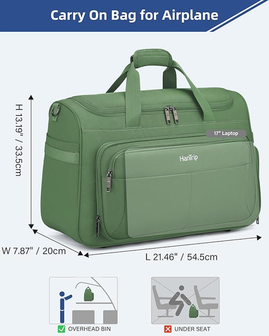 HanTrip Carry on Duffel Bag Foldable Duffle Bags for Travel, Large Personal Item Bags for Airplanes, Weekender Overnight Mens Travel Tote Bag for Women Softside Carry on Luggage (Forest Green)