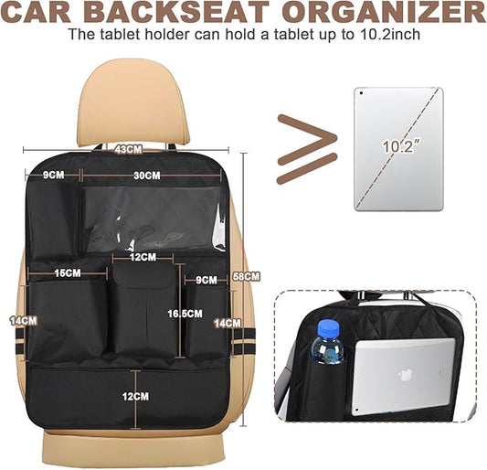 GMQ Backseat Car Organizer with Touch Screen,Kick Mats Back Seat Organizer for Kids,Multifunctional Seat Back Organizer Car Travel Accessories (Black, 1 PC)