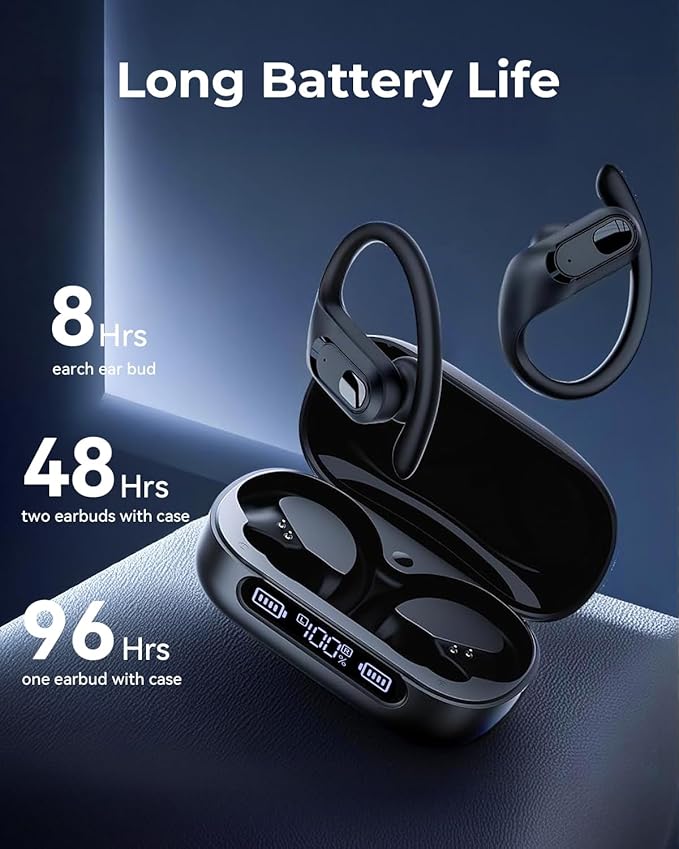 occiam Active Noise Cancelling Wireless Earbuds Bluetooth Headphones Ear Buds 96Hrs Playback Clear Call Waterproof Earphones with Ear Hook Microphones for Sport Running (Black AI Buds Pro)