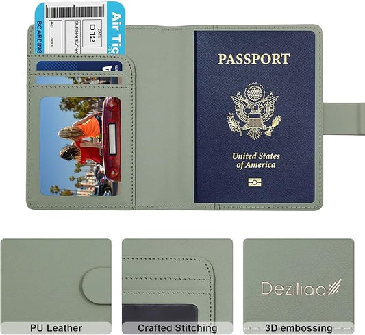 Deziliao Passport Holder,Passport Holder Card Slots, Passport and Vaccine Card Holder Combo, Cute Passport cover for Women and Men, with Waterproof Rfid Blocking, Passport Travel Wallet(Moss green)