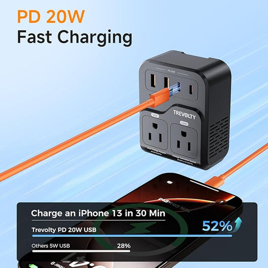2000W Voltage Converter US to Europe, 220V to 110V Converter for Hair Dryer, 7-in-1 European Travel Plug Adapter with 3AC/2USB-A/2USB-C (PD20W), Travel Essentials with US/JP/FR/DE/UK/AU/EU