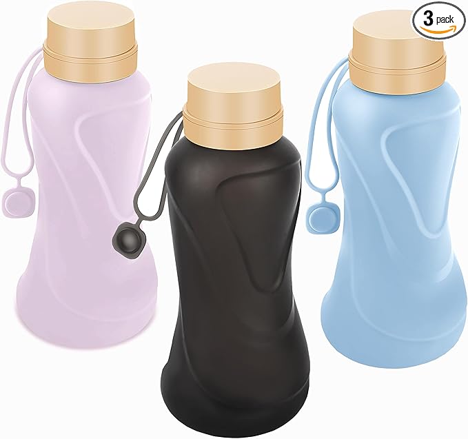 Collapsible Water Bottles 3 Pack Leak Proof,Reuseable BPA Free Silicone Foldable Water Bottles,Durable Lightweight for Travel Gym Camping Hiking Sports Water Bottle(Black&Purple&Blue)