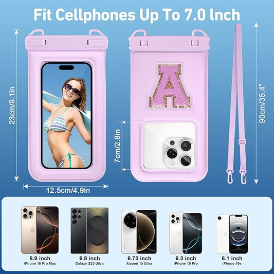 Waterproof Phone Pouch Floating, Fashion Letters Cell Phone Dry Bag for iPhone 17 16 15 14 13 Pro Max, Galaxy S25 S24 S23 S22 Ultra Google, Up to 7.5" Phones Purple
