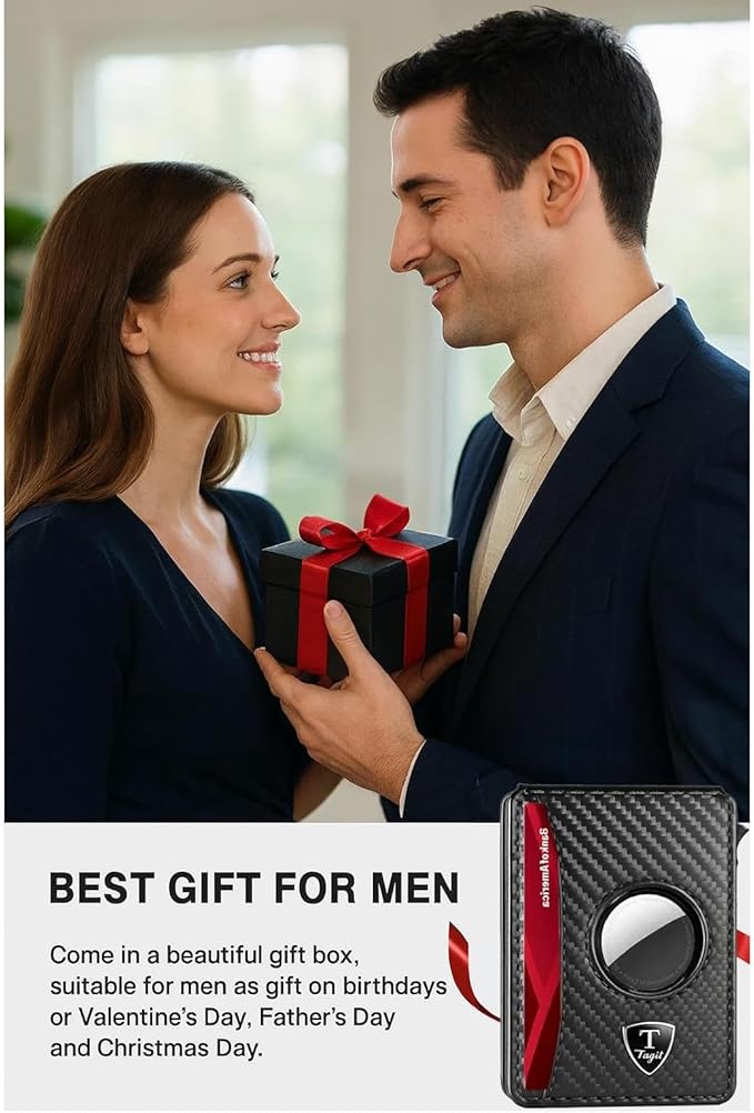 Smart Bifold Airtag Wallet for Men – RFID Blocking Pop-Up Bifold Credit Card Holder with ID Window, Slim Aluminum Case Fits 12+ Cards, Coffee Brown, Comes in a Gift Box (Carbon-Fiber Black)