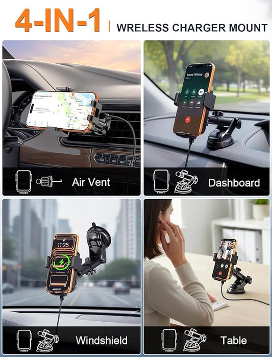 MOKPR Wireless Car Charger, Auto Clamping Car Charger Dash Windshield Air Vent Phone Holder Compatible with iPhone 17 16 15 14/13/13 Pro/12 pro/12/11/X/8, Samsung S24/S23/S22