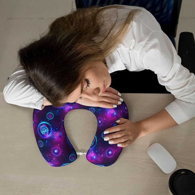Funny Neck Pillow Support for Car Flight Rest Purple Blue Galaxy Starry Sky Wolf, Memory Foam U Shaped Decor Head Cushion for Home Outdoors Travel