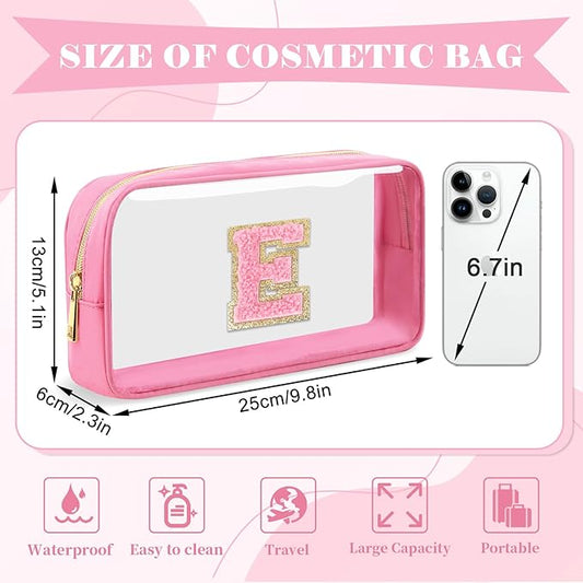 Personalized Initial Letter Clear Makeup Bag,Preppy Small Nylon&PVC Cosmetic Zipper Bag with Chenille Letter,Portable Beach Travel Skincare Toiletry Bag,Trendy Monogram Gift for Teen Girls Women,E