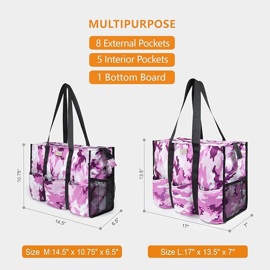 TOPDesign Utility Water Resistant Tote Bag with 13 Pockets, Top Zipper Closure & Thick Bottom Support, for Working Women