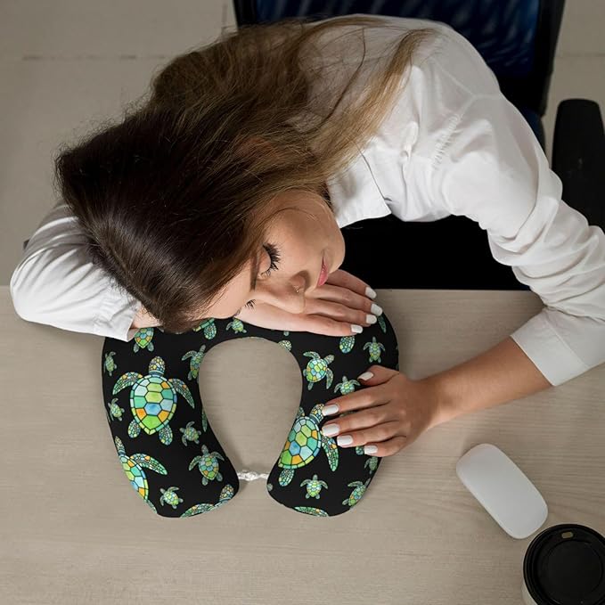 Neck Pillow Memory Foam Chin Cushion with Breathable Cover Space Watercolor Turtle Black, Cute Airplane Car Pillows for Office Head Pain Relief