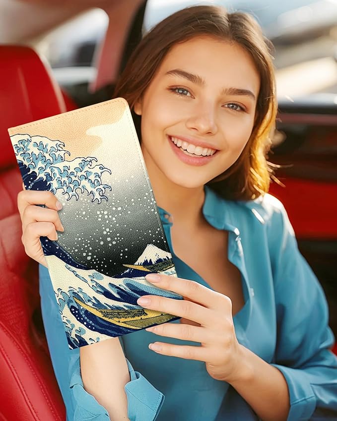 Slohif Car Registration and Insurance Card Holder with Magnetic Shut - Vehicle Glove Box Organizer Women Leather Automobile License Holders Coasters Auto Accessories Case for Document,Wave