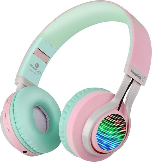 Riwbox WT-7S Bluetooth Headphones Light Up, Foldable Stero Wireless Headset with Microphone and Volume Control for PC/Tablet/TV/Travel (Pink Green)