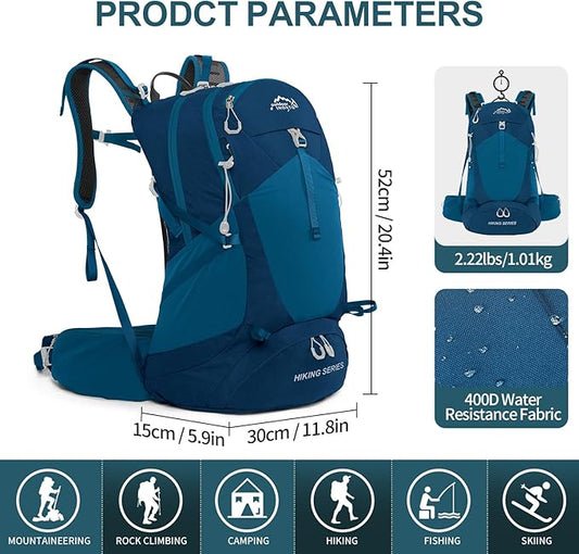 Hiking Backpack, Waterproof Hiking Daypack with 3L Water Bladder and Rain Cover, Lightweight Travel Camping Backpack for Men Women (Blue)