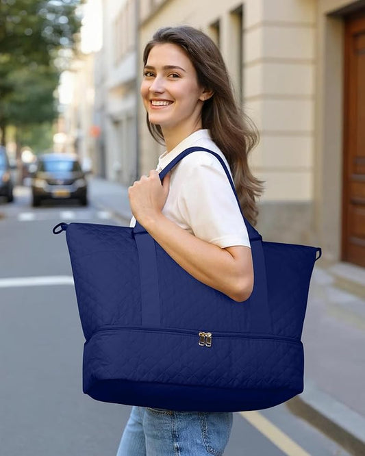 HOTOR Travel Duffel Bag - Weekender Bags for Women, Carry On Overnight Bag with Shoe Compartment, with Toiletry Bag for Travel Essentials and Travel Accessories, Dark Blue, 15.8"×18.1"×8.7"