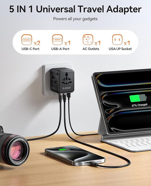 ORICO Universal Travel Adapter with 2 AC 2 USB-C and 1 USB-A Socket, PD 20W International Power Adapter, Worldwide Travel Essentials Wall Charger for USA EU UK AUS JP and Over 200 Countries