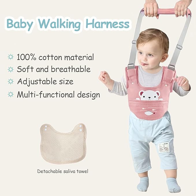 Baby Walking Harness Handheld Baby Walker Assistant Belt Adjustable Toddler Infant Walker Safety Harnesses Standing Up and Walking Learning Helper with Detachable Crotch for 9-24 Month (Pink)