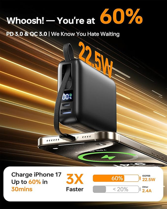 Portable Charger 50000mAh Power Bank, Portable Phone Charger with 2 Built in Cables, 22.5W Fast Charging Travel Essentials Battery Pack for iPhone, iPad, MacBook, Android, Samsung Galaxy etc.