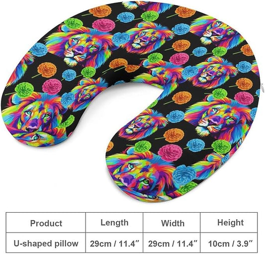 Pain Relief Travel Pillow Memory Foam Chin Support Watercolor Lion Art Painting, Breathable Washable Cover for Airplane Car Office