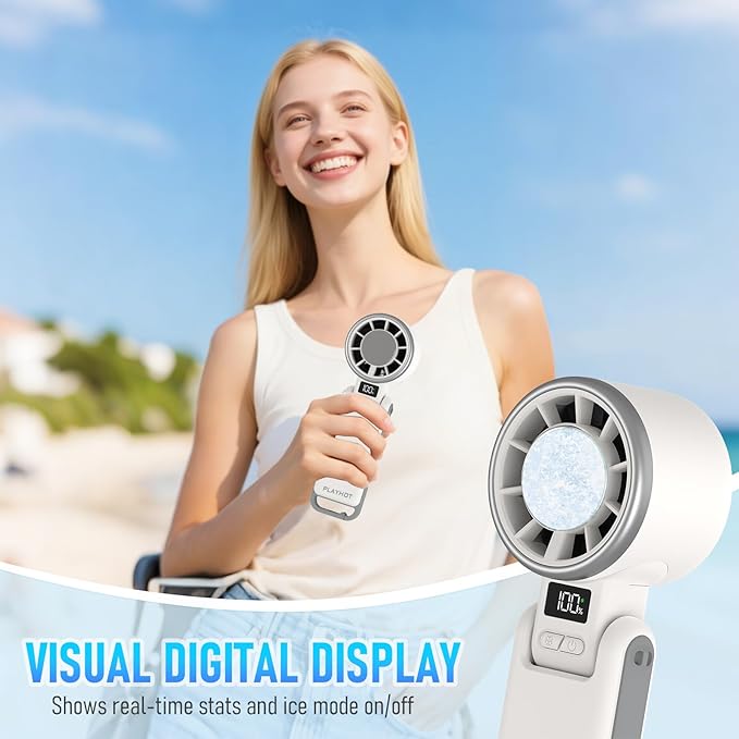 Portable Handheld Fan with Ice Cooling, Personal Fans Portable Rechargeable, Up tp 12Hrs Cooling, 5 Speed 25550RPM Hand Fan Rechargeable for Travel, Outdoor, Camping, Hiking (White)