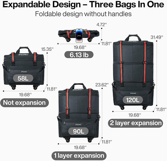 mixi Travel Bag with Wheels Expandable Foldable Luggage Bag Collapsible Rolling Travel Bag Duffel Bag Large Capacity Suitcase for Men Women, Dark Gray
