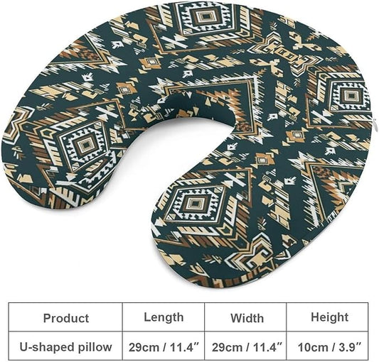 Unisex Travel Neck Pillow Memory Foam U Shaped Cushion Ethnic Indiana Southwest Western Tribal Aztec Green, Washable Cover for Men Women Airplane Car Home Rest