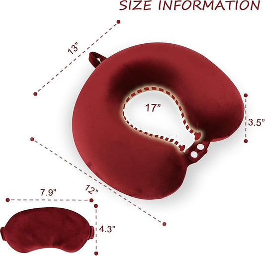 Pure Memory Foam Travel Pillow Set for Adults - Comfortable & Removable Machine Washable Cover, Neck Support Pillow Airplane Travel Kit with Eye Mask for Portable Plane Accessories -Wine Red