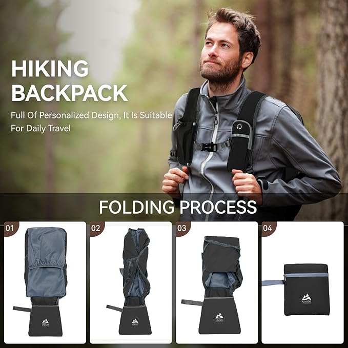 15L Small Hiking Backpack for Men Women Lightweight Packable Backpack Foldable Casual Daypack for Camping Travel Outdoor, Black