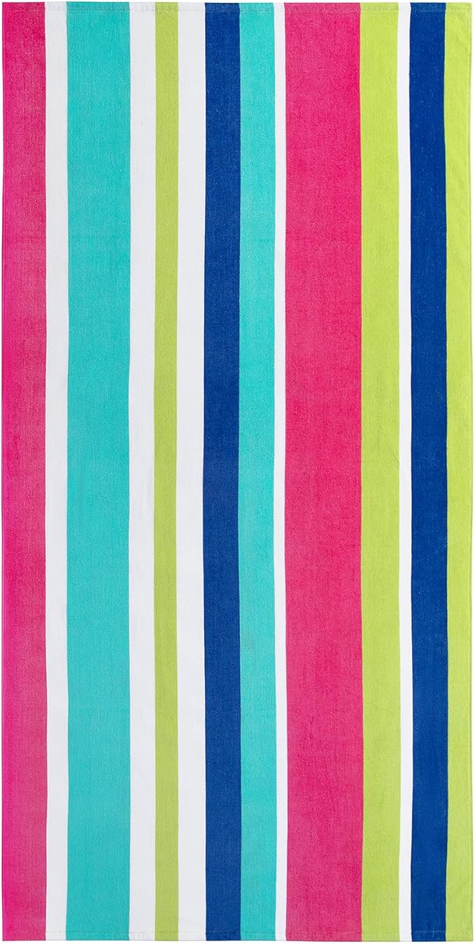 cabanana Large Beach Towel Oversized - Cotton Velour 35 x 70 Inch Rainbow Striped Terry Pool Towel, Cabana Soft Swimming Towel for Adults Women Men (Rainbow Pink)