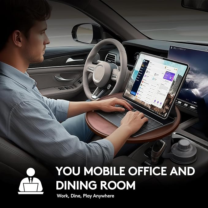Car Desk for Laptop & Car Table Tray, Height-Adjustable 360° Rotating Wood Car Laptop Mount, Cup Holder Table, Steering Wheel Tray, Compatible with Tesla & Most Vehicles