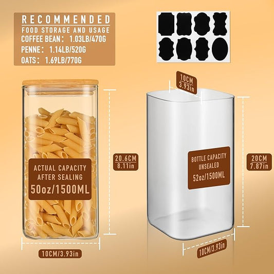 D2scrma 52oz Airtight Glass Square Storage Canister with Bamboo Lid Set of 3 (1550ml) Container Stackable Spice Jar, Kitchen Canister for Flour, Cookies, Cereal and Coffee beans (with Black Lable)