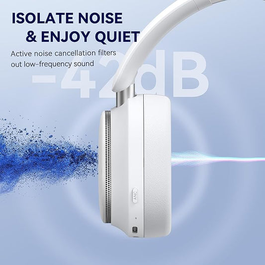 Hybrid Active Noise Cancelling Headphones, Over Ear Bluetooth 6.0 Wireless Headphones, 50H Playtime, Deep Bass, HiFi Stereo Sound(White)