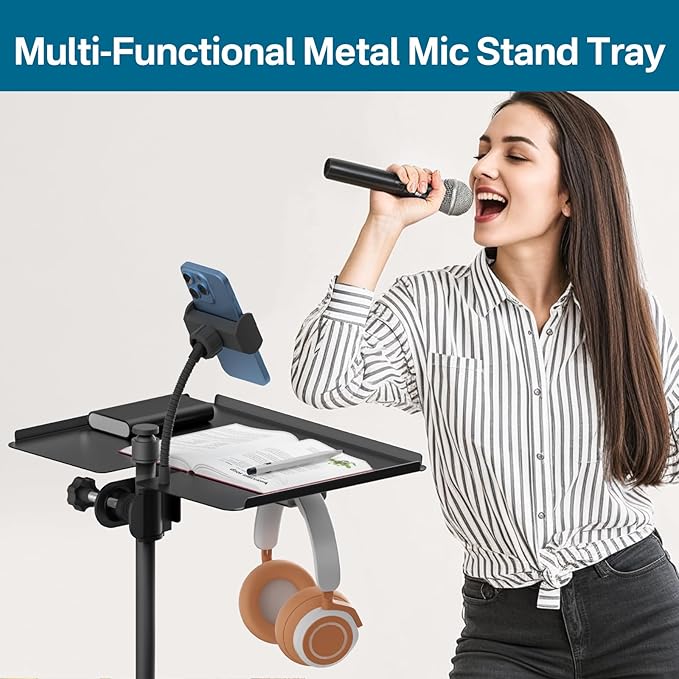 Metal Microphone Stand Tray with Mic Stand Phone Holder - 11.7" x 7.8" Functional Large Mic Stand Tray Shelf for Studio, Concert, Karaoke Clamp on Music Stand Shlef Attachment