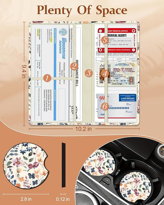 Slohif Car Registration and Insurance Holder - Plant Vehicle Glove Box Organizer Women with Magnetic Shut Leather Automobile License Holders Coasters Auto Accessories Case for Document