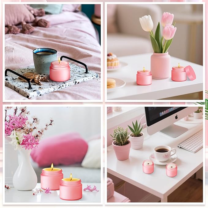 Domensi 48 Pcs 2 oz Glass Jars with Lids Travel Size Round Leakproof Empty Cosmetic Jars with Inner Liners Lid for Storing Makeup Lotions Face Cream Ointments Candle DIY Making (Pink)