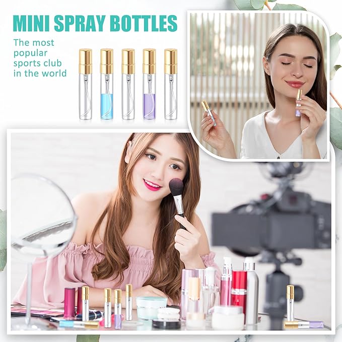 Zhehao 50 Pcs Mini Spray Bottles 5 ml Clear Glass Perfume Bottles Refillable Fine Mist Perfume Atomizer Portable Empty Sample Containers for Cleaning, Essential Oils, Travel (Gold Cap)