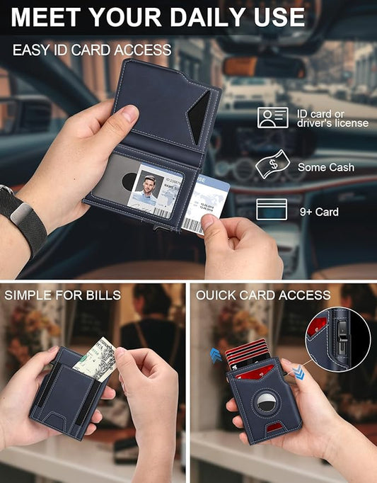Airtag Wallet for Men, Minimalist Slim Mens Wallet Smart Pop Up Credit Card Holder for 9-13 Cards, RFID Blocking Wallet with ID Window & Cash Slot, Compact Bifold Metal Aluminum Card Case