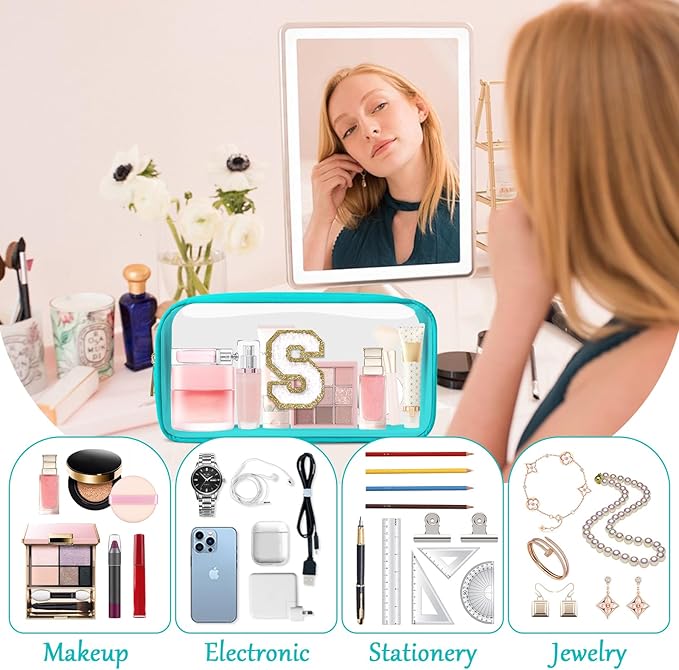 Personalized Initial Letter Clear Makeup Bag,Preppy Small Nylon&PVC Cosmetic Zipper Bag with Chenille Letter,Portable Beach Travel Skincare Toiletry Bag,Trendy Monogram Gift for Teen Girls Women,S