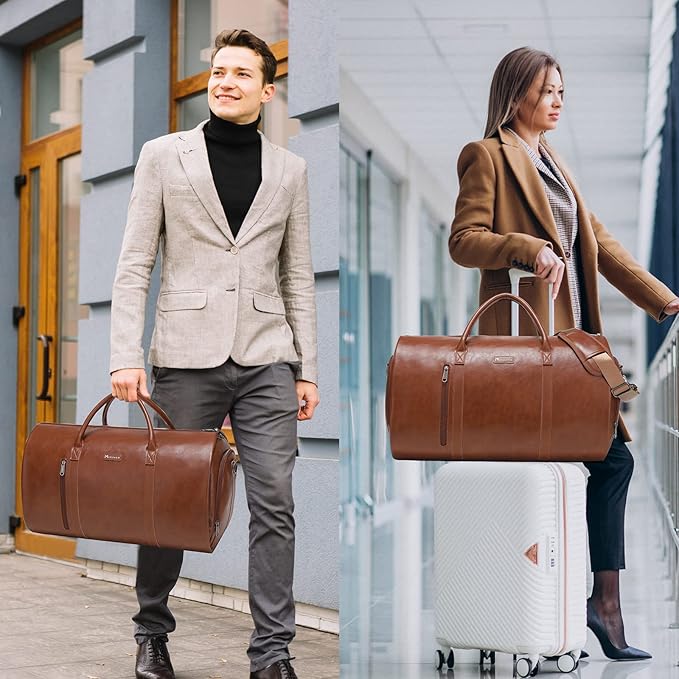 Leather Garment Bag for Travel, Modoker Carry On Travel Bag with Shoulder Strap - Ideal for Business Trips and Weekend Getaways - The Garment Duffel Bag for Traveling Men Women, Light Brown