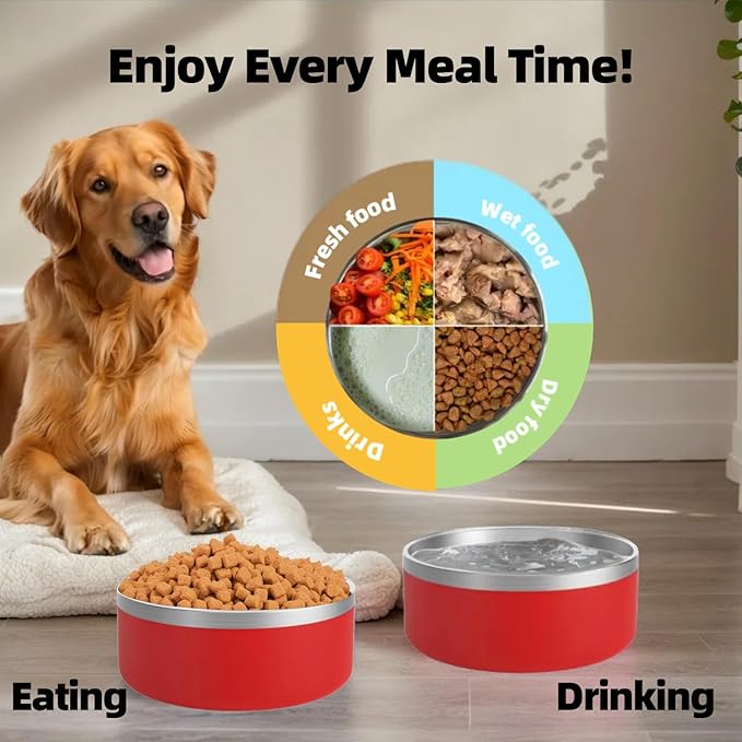Dog Bowls Medium Sized Dogs-Large Breed 1.9l/64oz Double Layer Stainless Steel Outdoor Dog Water Bowl,Puppy Insulated Food Bowl,with Non-Slip Bottom and 1pc 8oz Food Scoop (Red, 64 oz)