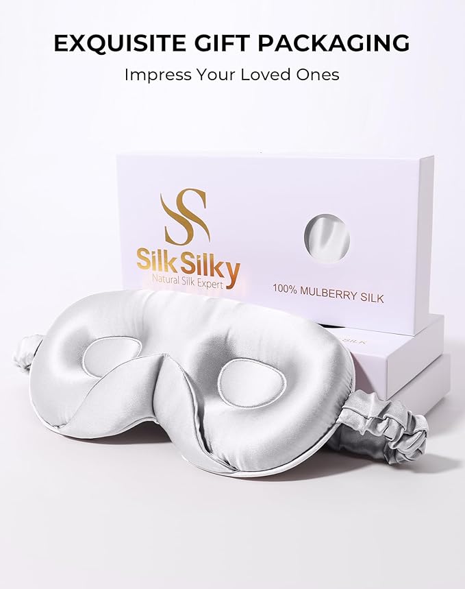 SilkSilky 100% 22 Momme Mulberry Silk Sleep Mask – Upgraded 3D Contoured Eye Mask with Nose Wing Pads & Adjustable Strap, Luxury Blackout Eye Cover for Women & Men (Light Gray)