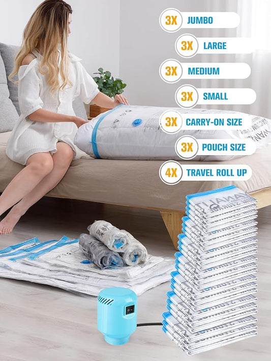 Vacuum Storage Bags with Electric Pump, New Air Valve Combo 22 Pack Compression Bag, Space Saving Vacuum Sealer Bag for Clothes, Blanket, Duvets, Pillows, Comforters, Travel, Two Compressing Ways