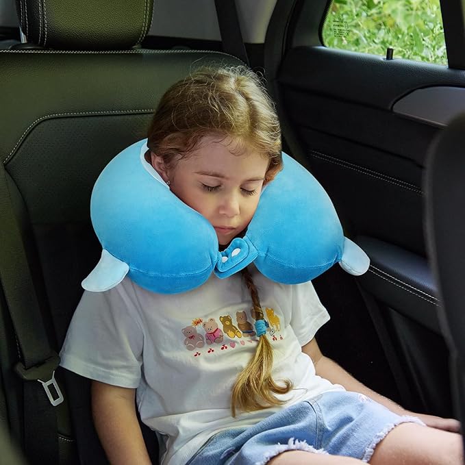 Kids Neck Pillow for Traveling, Adujstable Airplane Pillow with Travel Bag, Travel Essentials for Long Flights, Soft & Support Airplane Pillow for Headrest Sleep - Blue Shak