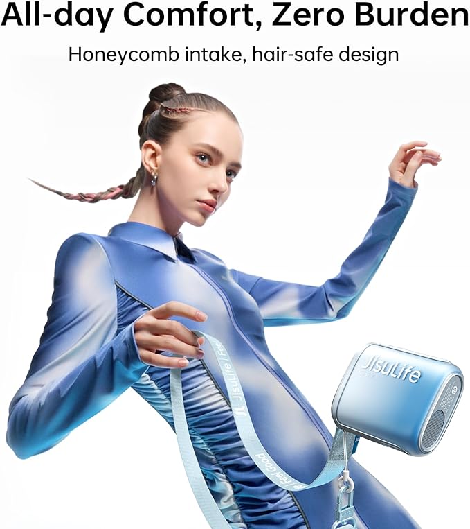 JISULIFE Portable Neck Fan, 100-Speed Adjustable 40000 RPM Personal Mini Necklace Wearable Belt Fan, 16H Rechargeable Battery 4500mAh with LED Display for Outdoor Travel Camping Gifts- Blue