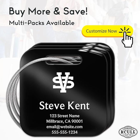 Personalized Luggage Tags for Suitcases - Stainless Steel Custom Luggage Tags for Backpacks & Bags, Sturdy, Waterproof & Heavy Duty (Black/Square)